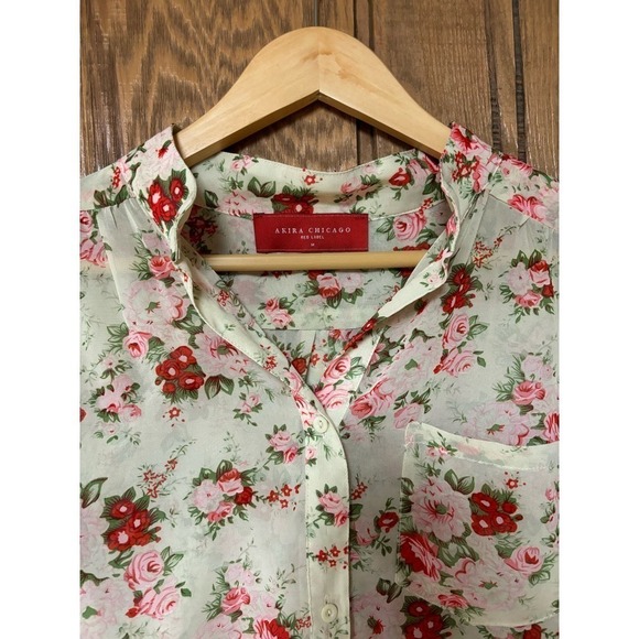 Akira Chicago Red Label Floral Sheer Popover Blouse with Roll Sleeves - Picture 4 of 10